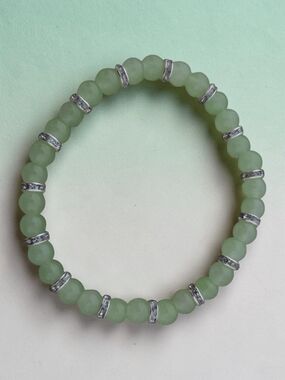 Green Beaded Stretch Bracelet with Silver Accents